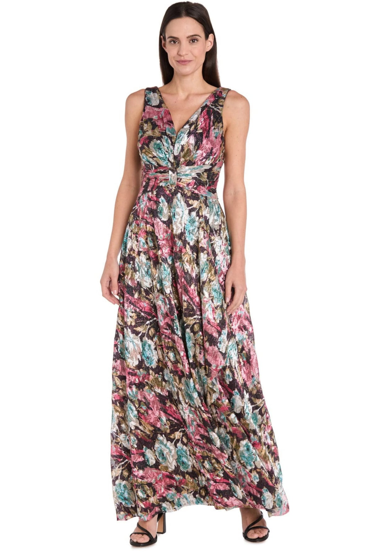 R&M Richards Eggplant Multi Floral Metallic Jacquard V-Neck Gown
