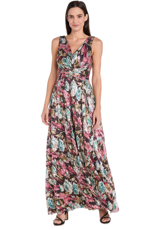 R&M Richards Eggplant Multi Floral Metallic Jacquard V-Neck Gown
