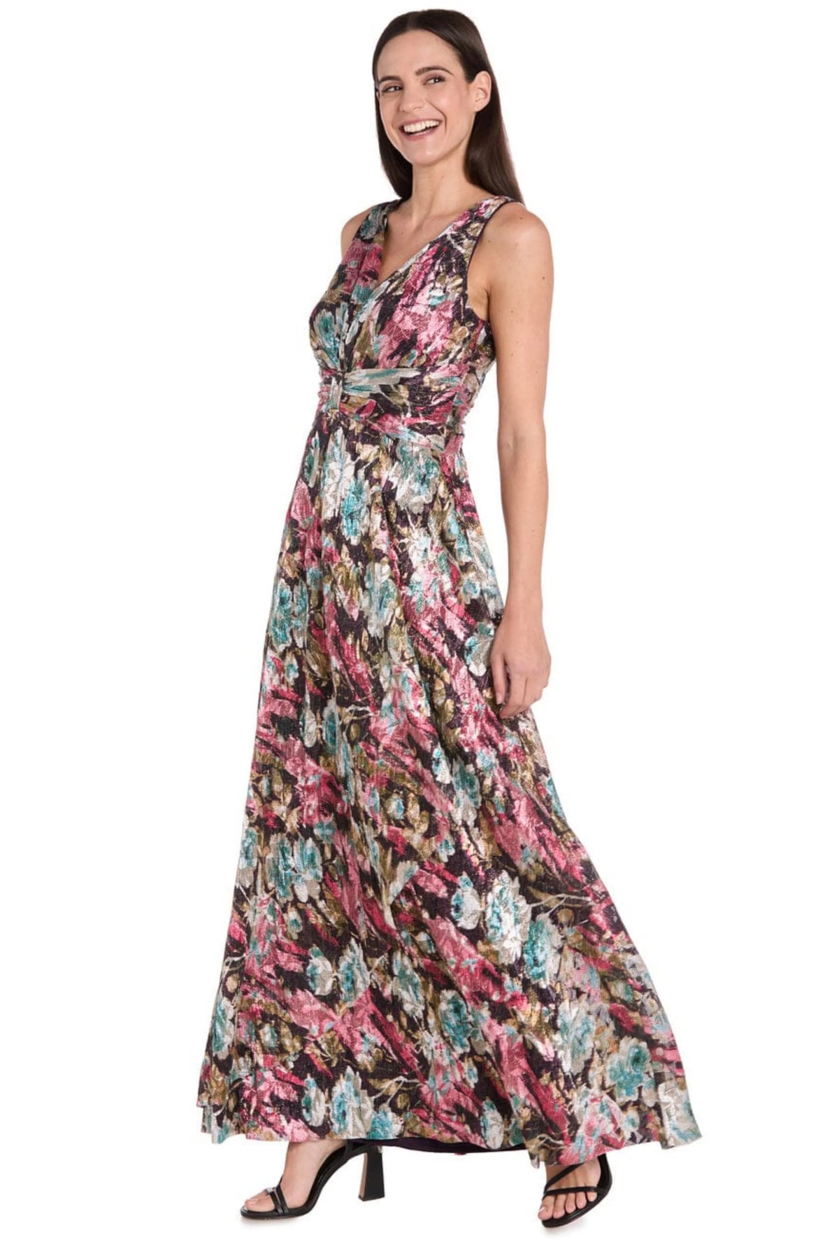 R&M Richards Eggplant Multi Floral Metallic Jacquard V-Neck Gown