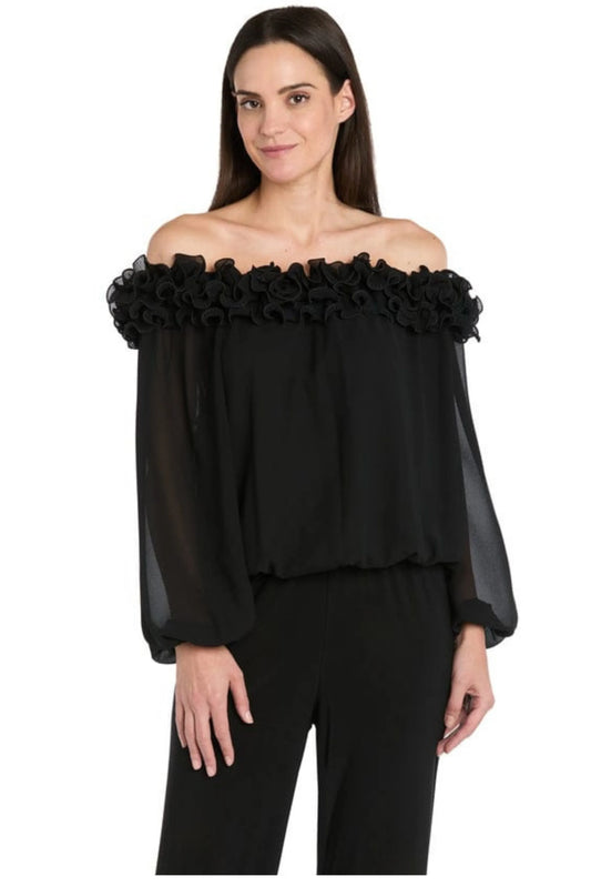 R&M Richards Black Off-The-Shoulder Ruffle Trim Top