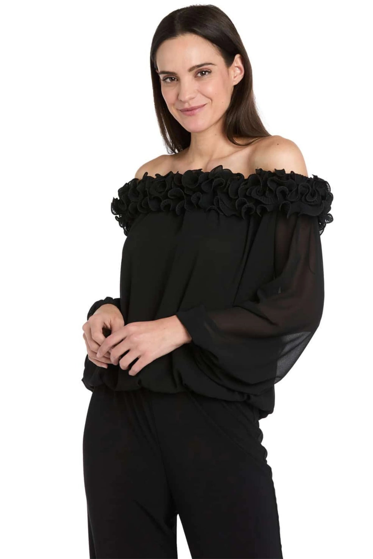 R&M Richards Black Off-The-Shoulder Ruffle Trim Top