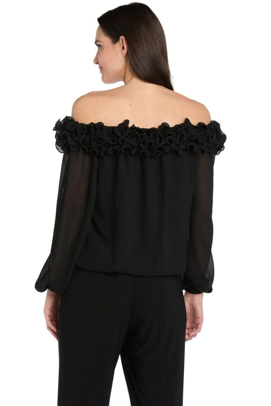 R&M Richards Black Off-The-Shoulder Ruffle Trim Top