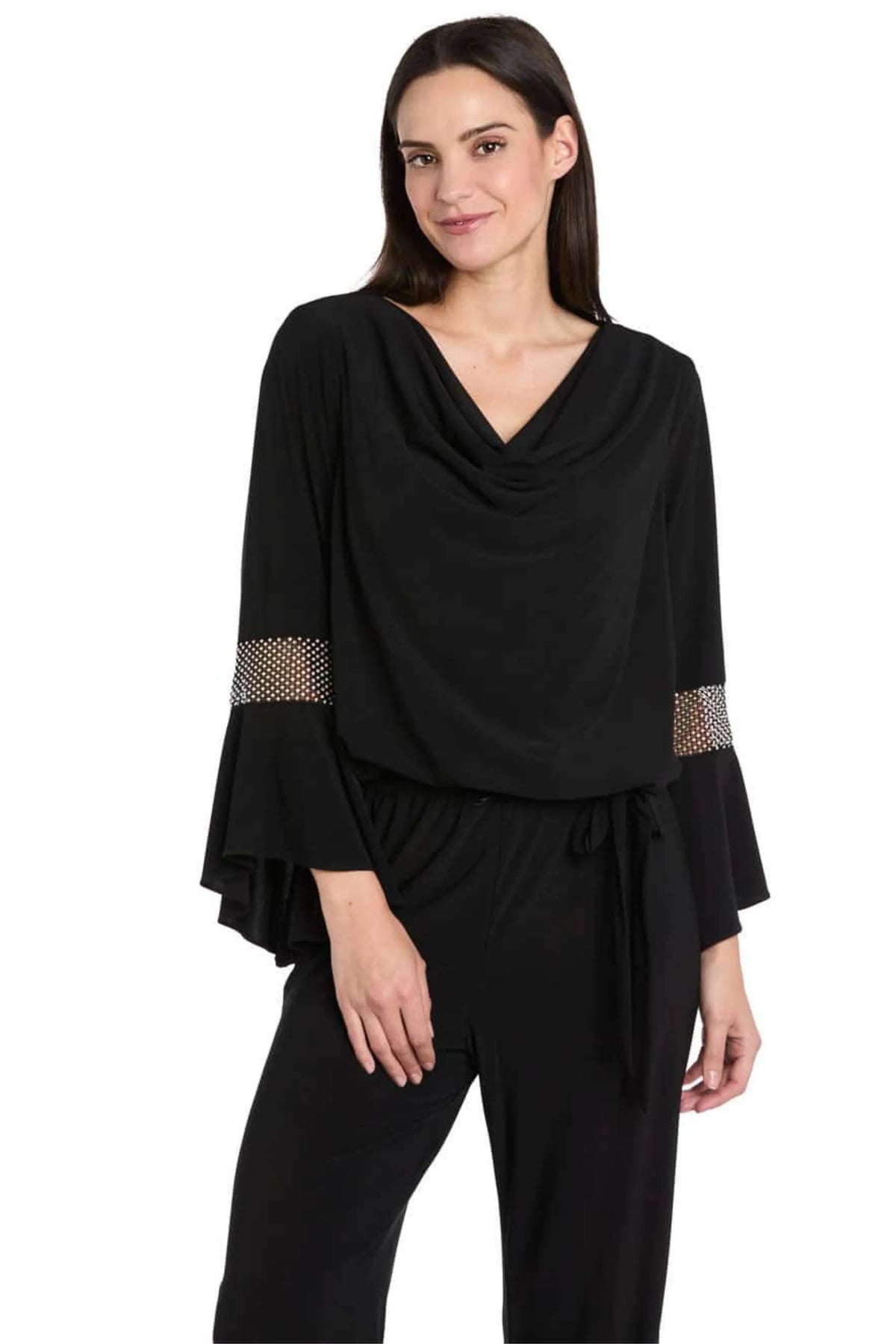 R&M Richards Red Cowl Neck Rhinestone Mesh Bell-Sleeve