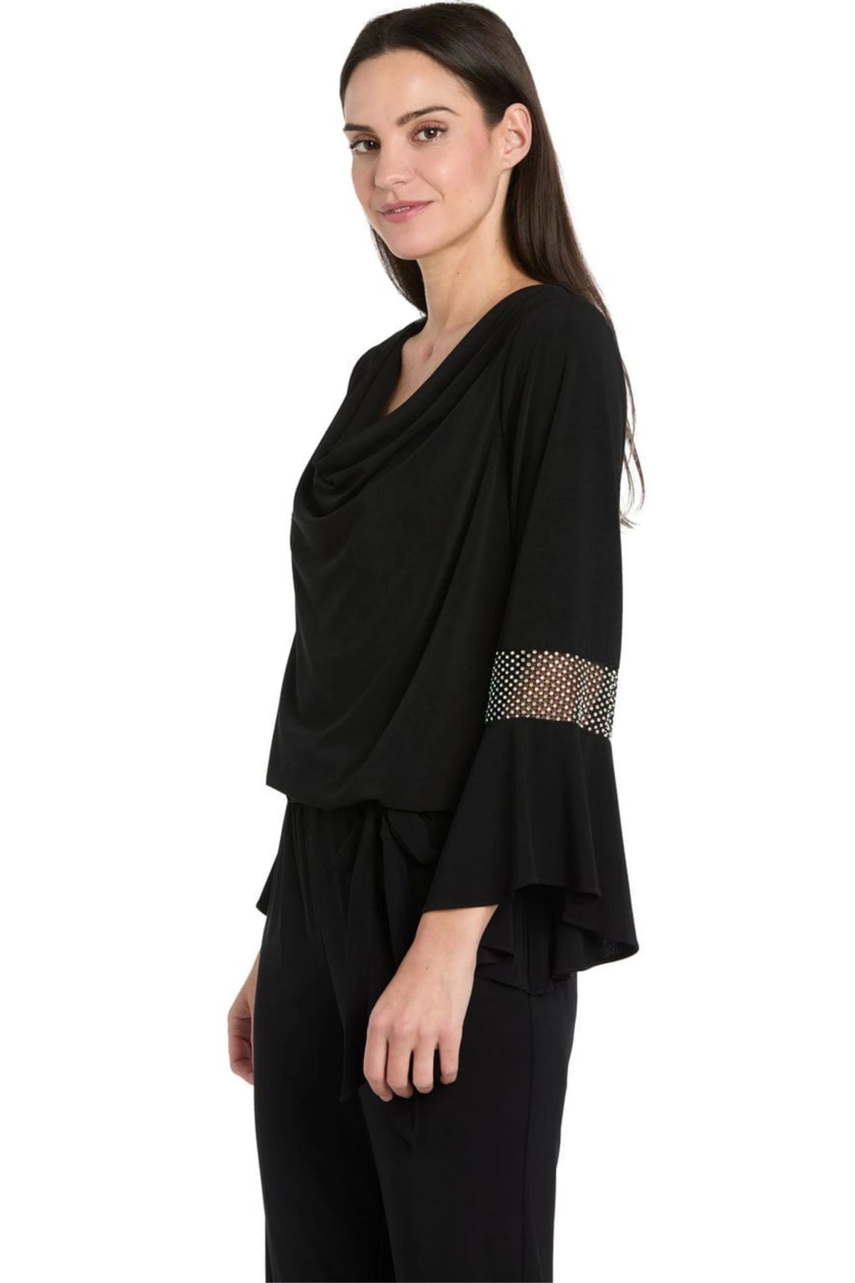 R&M Richards Red Cowl Neck Rhinestone Mesh Bell-Sleeve
