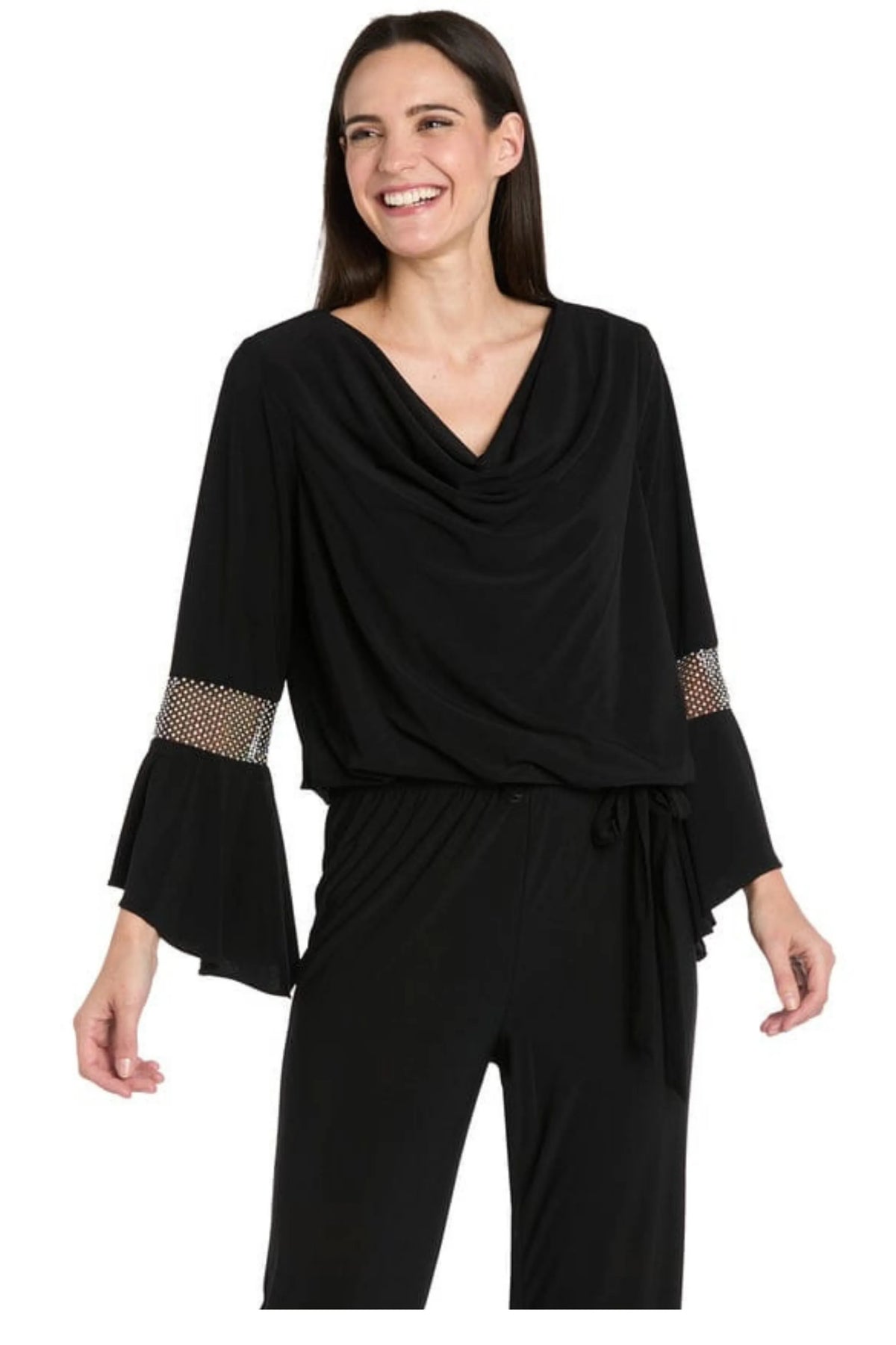 R&M Richards Red Cowl Neck Rhinestone Mesh Bell-Sleeve