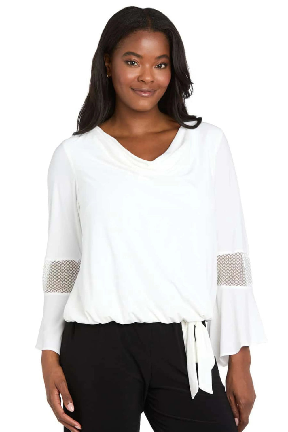 R&M Richards Red Cowl Neck Rhinestone Mesh Bell-Sleeve