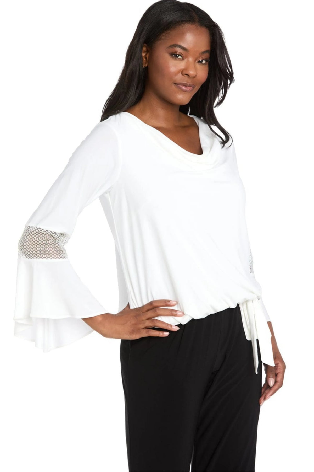 R&M Richards Red Cowl Neck Rhinestone Mesh Bell-Sleeve