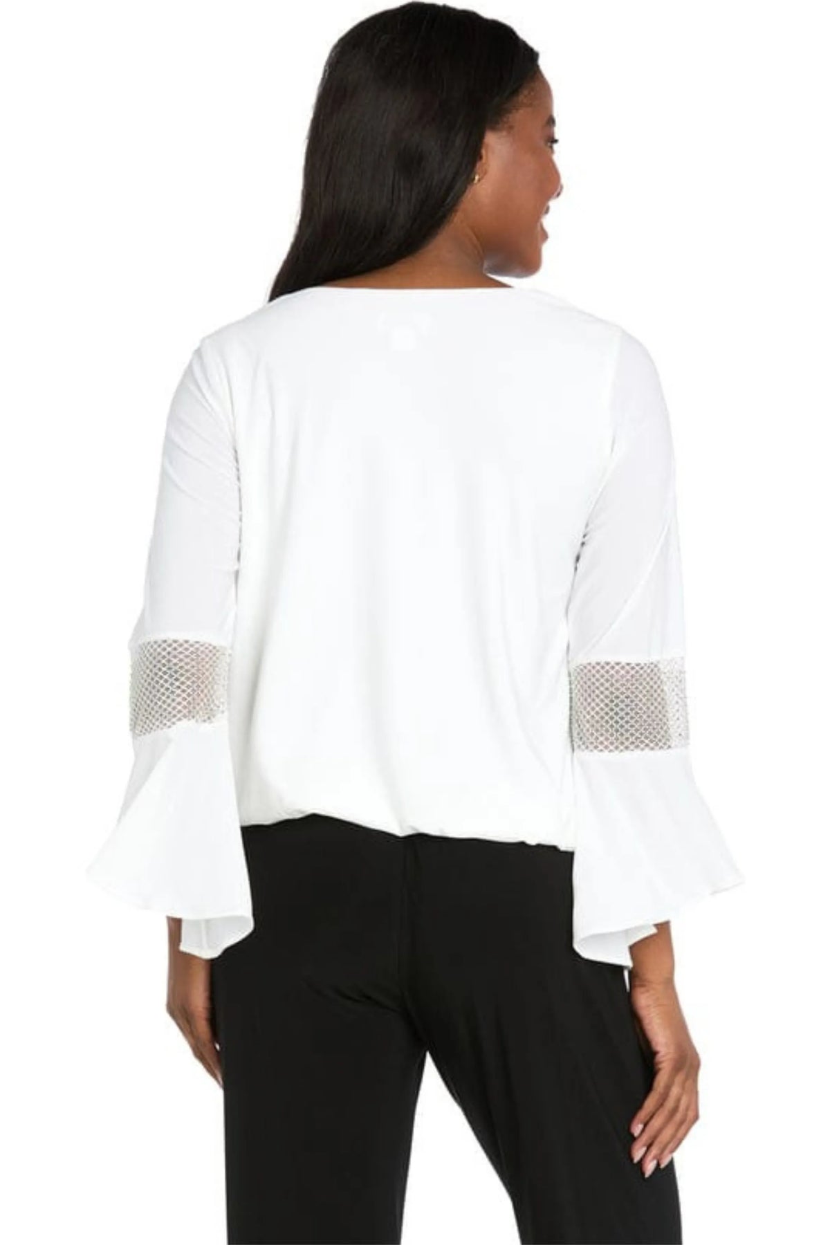 R&M Richards Red Cowl Neck Rhinestone Mesh Bell-Sleeve
