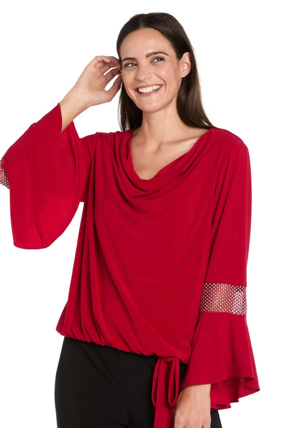 R&M Richards Red Cowl Neck Rhinestone Mesh Bell-Sleeve