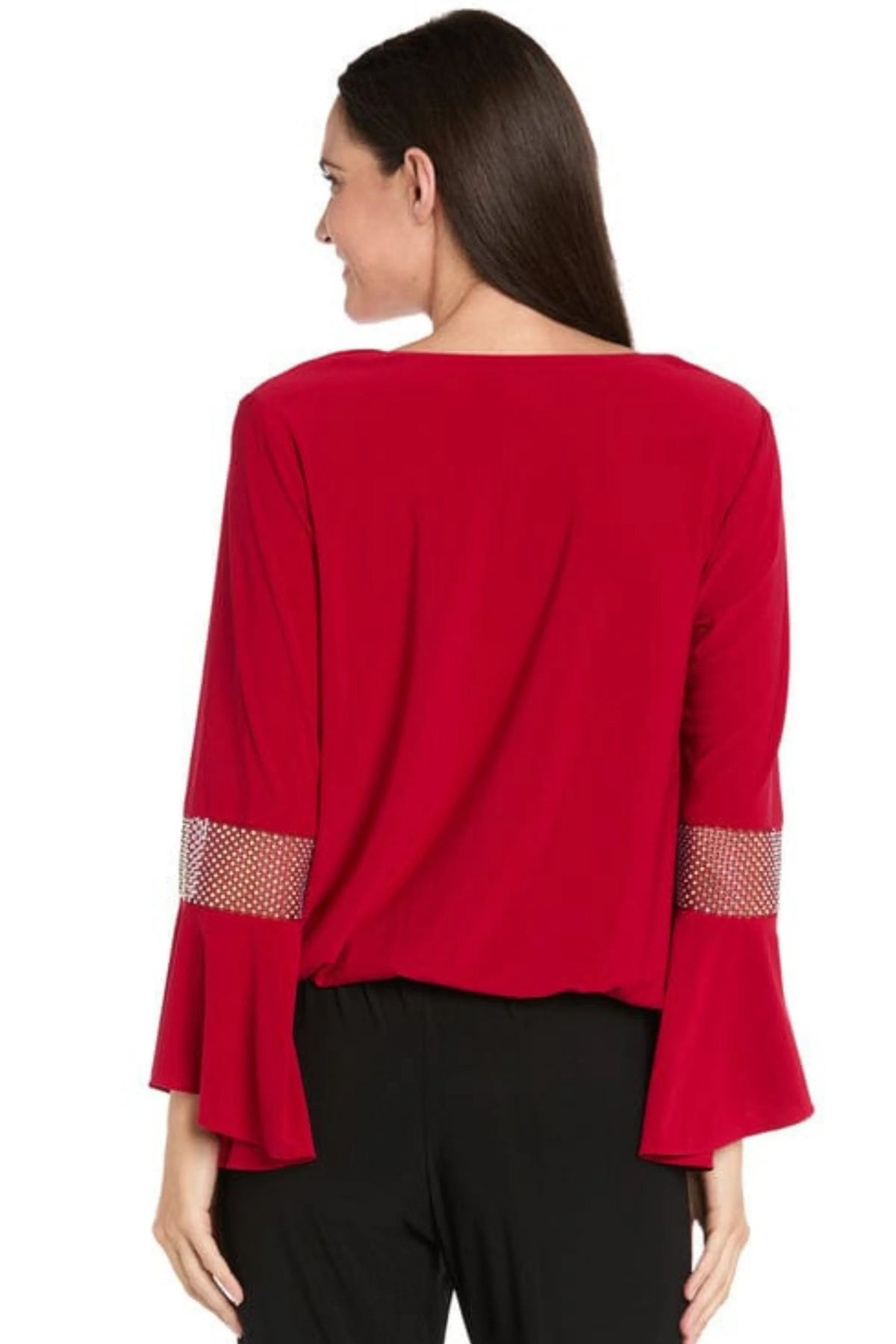 R&M Richards Red Cowl Neck Rhinestone Mesh Bell-Sleeve