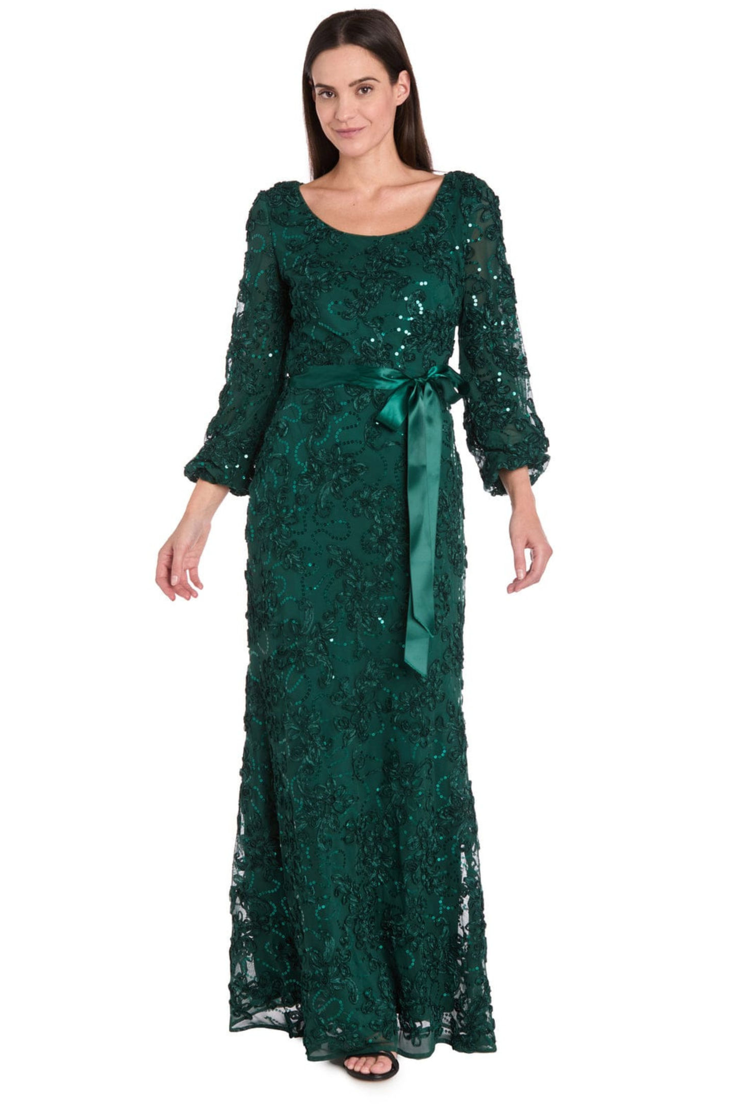 R&M Richards Embroidered Sequin Long-Sleeve Evening Dress