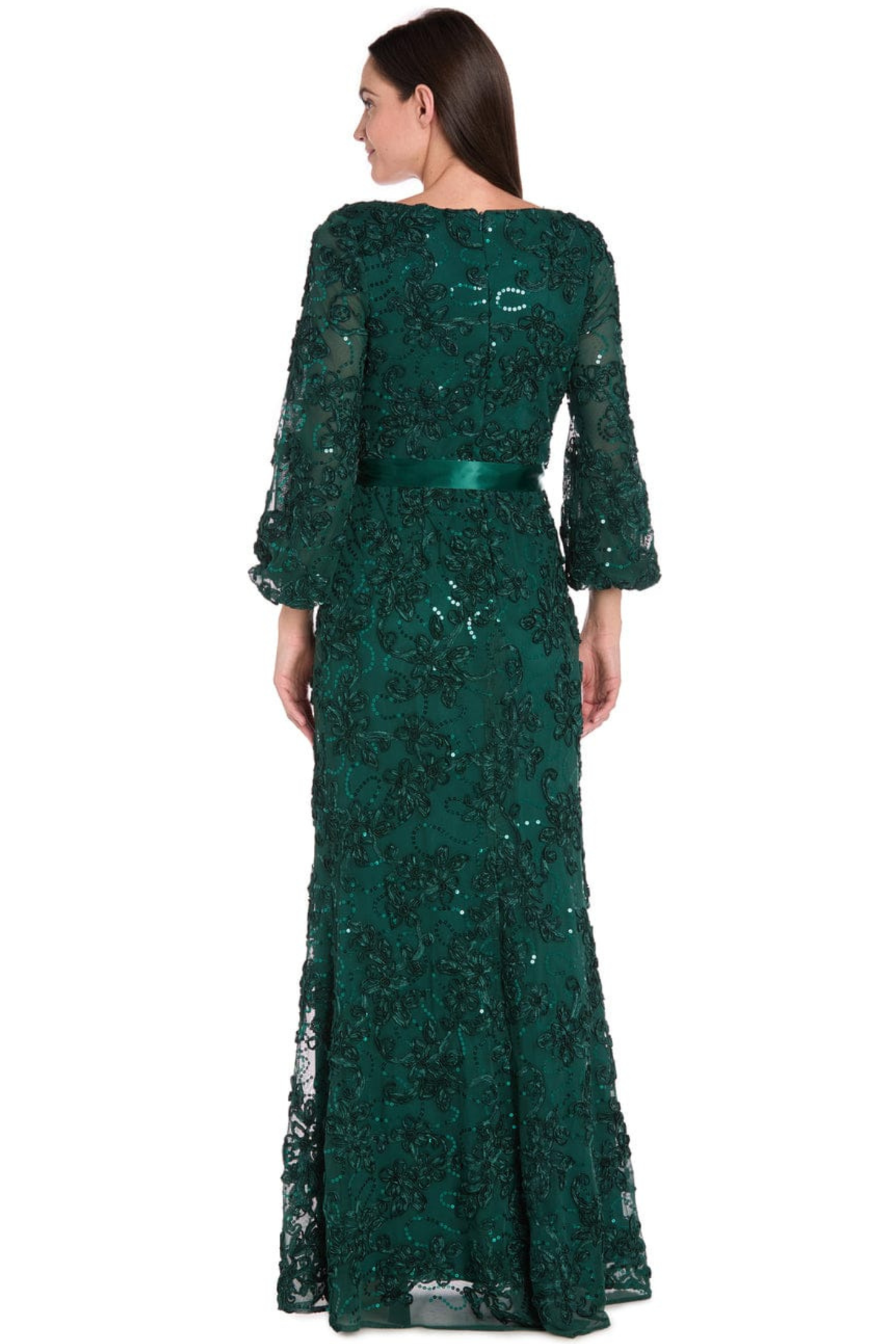R&M Richards Embroidered Sequin Long-Sleeve Evening Dress