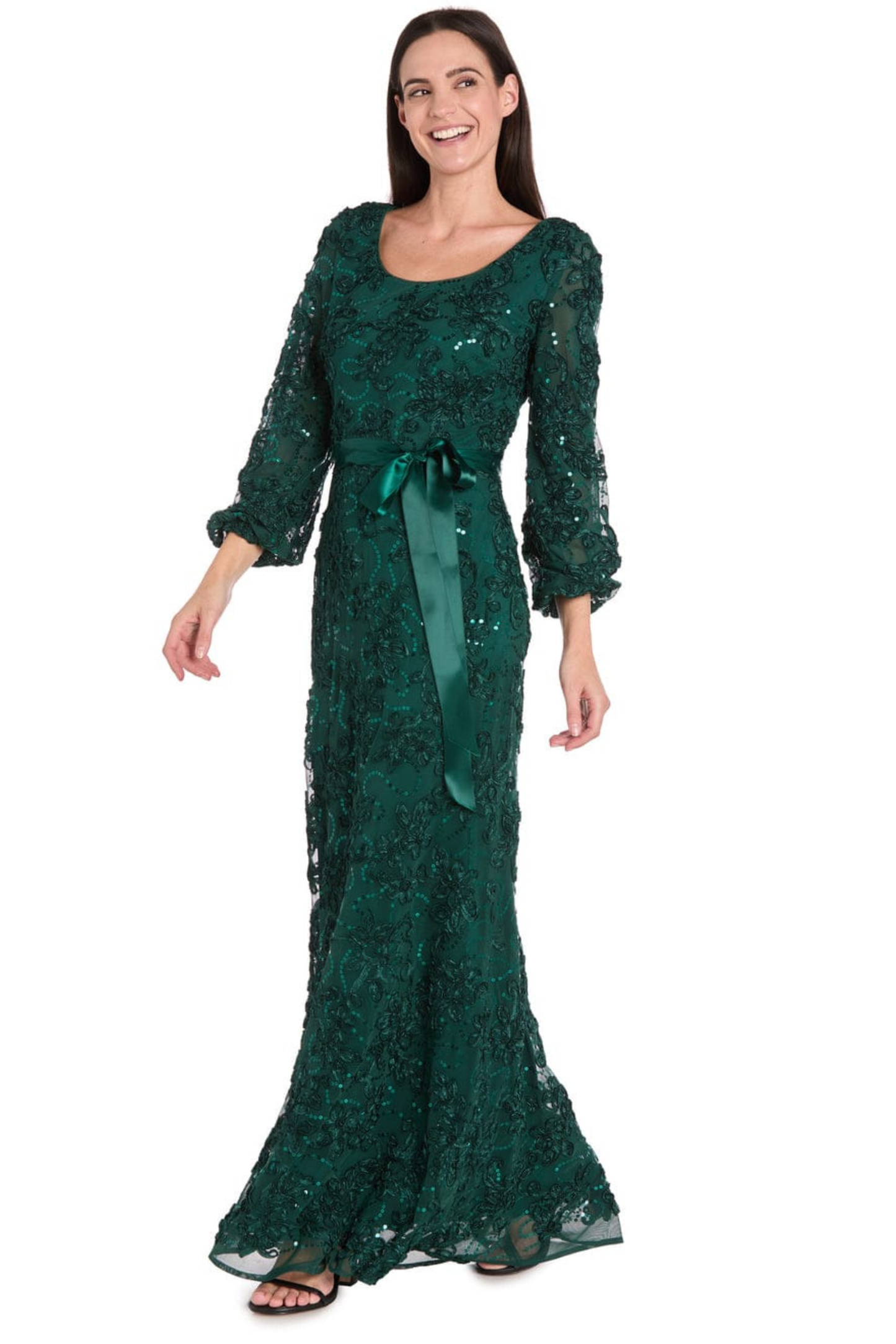 R&M Richards Embroidered Sequin Long-Sleeve Evening Dress