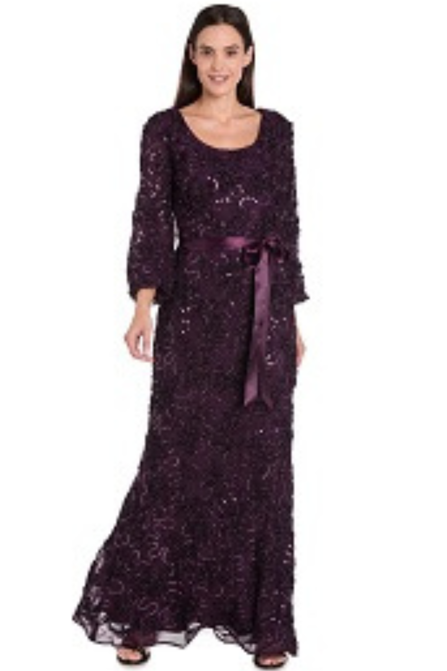 R&M Richards Embroidered Sequin Long-Sleeve Evening Dress