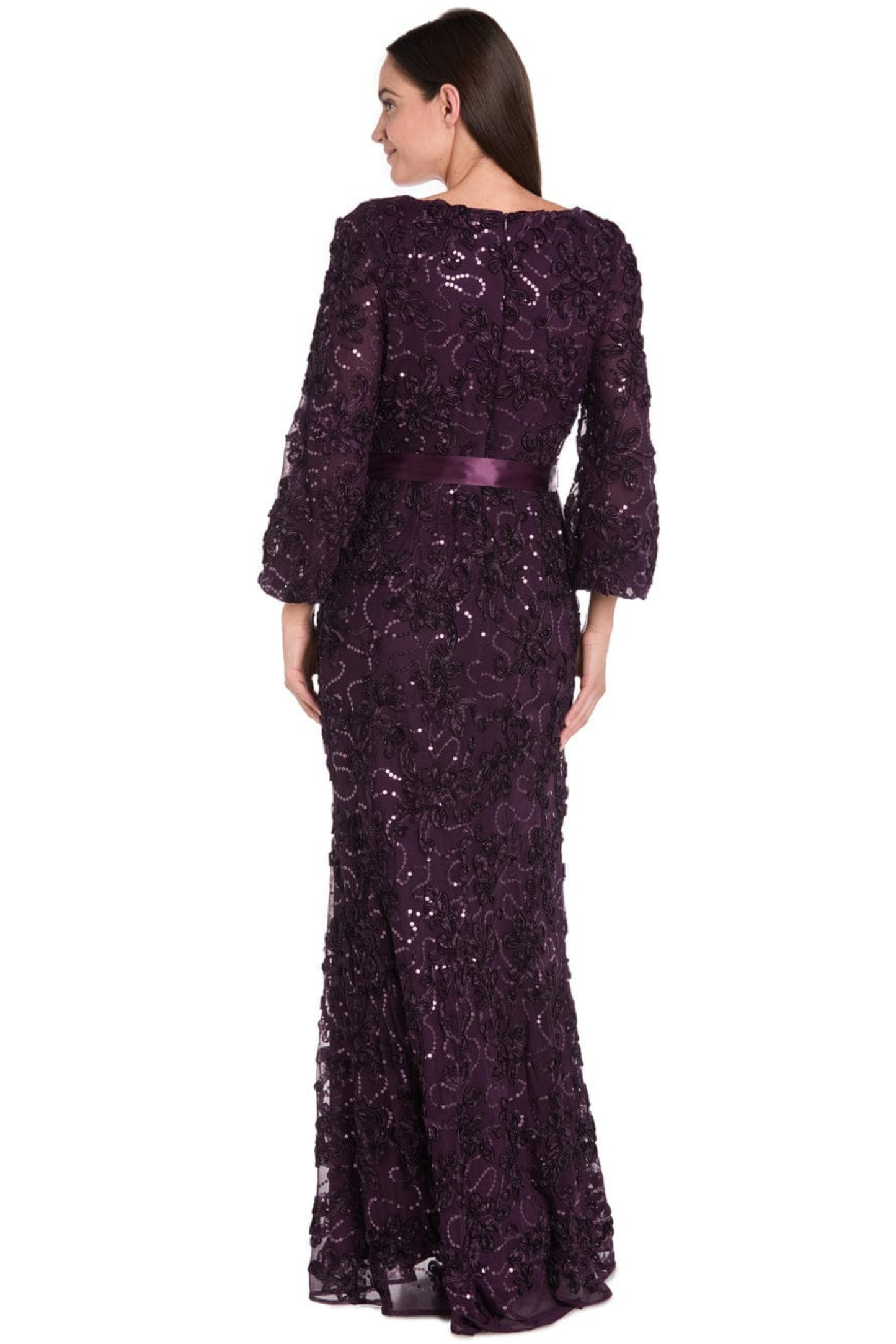 R&M Richards Embroidered Sequin Long-Sleeve Evening Dress