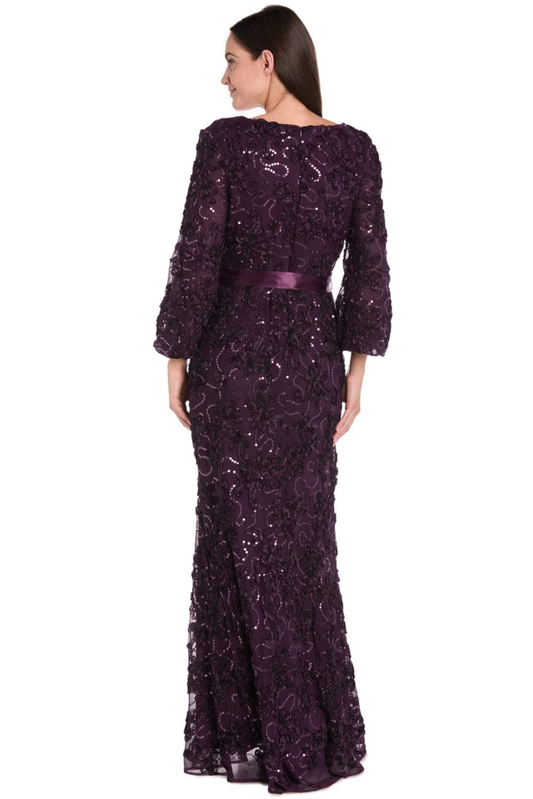 R&M Richards Embroidered Sequin Long-Sleeve Evening Dress