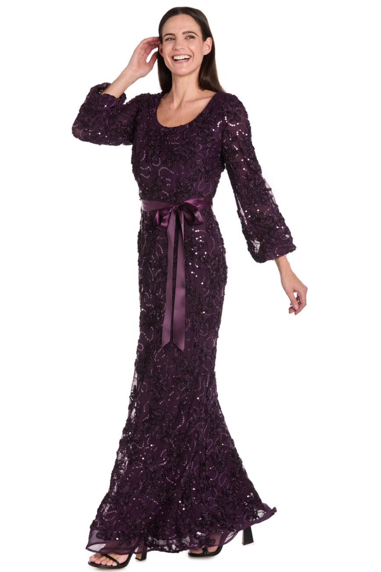 R&M Richards Embroidered Sequin Long-Sleeve Evening Dress
