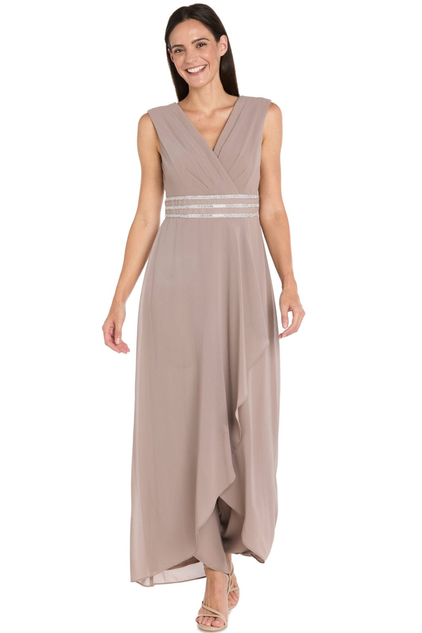 R&M Richards Rhinestone-Trim Draped Wide-Leg Evening Jumpsuit