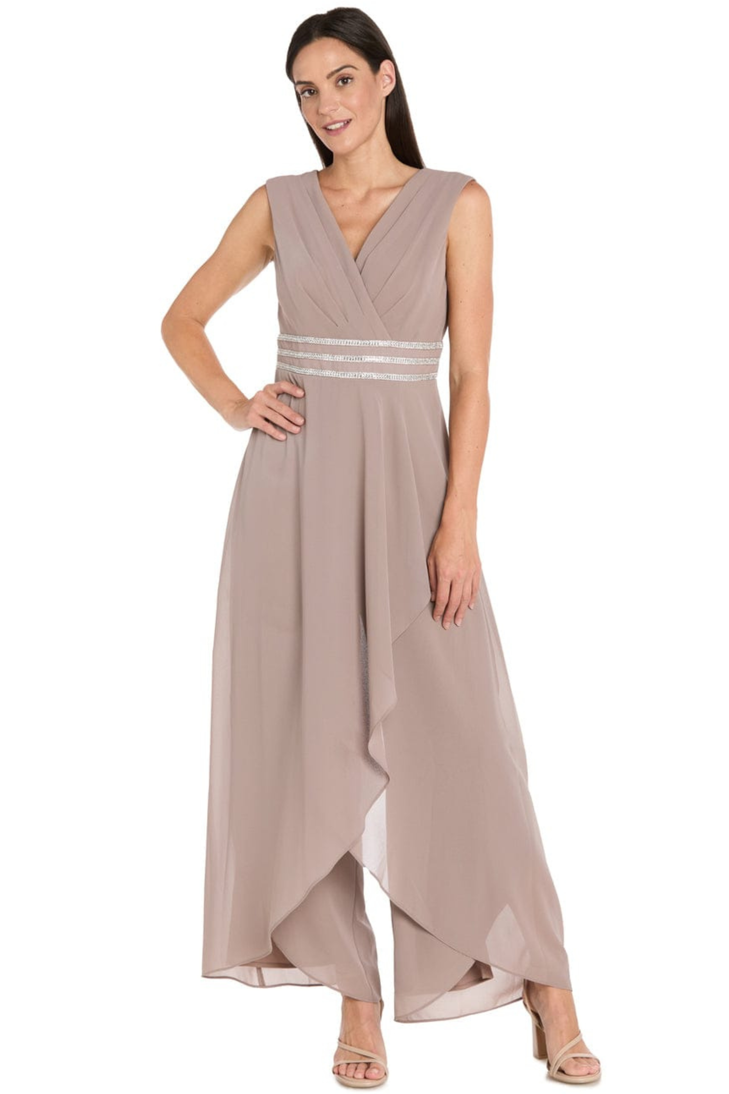 R&M Richards Rhinestone-Trim Draped Wide-Leg Evening Jumpsuit