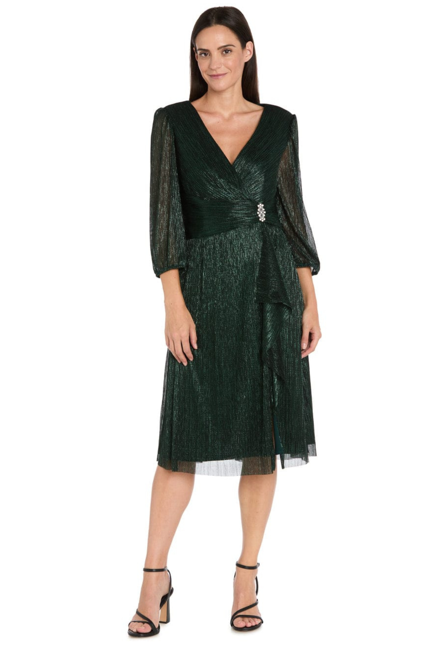 R&M Richards Metallic Shimmer Side-Ruffle Dress