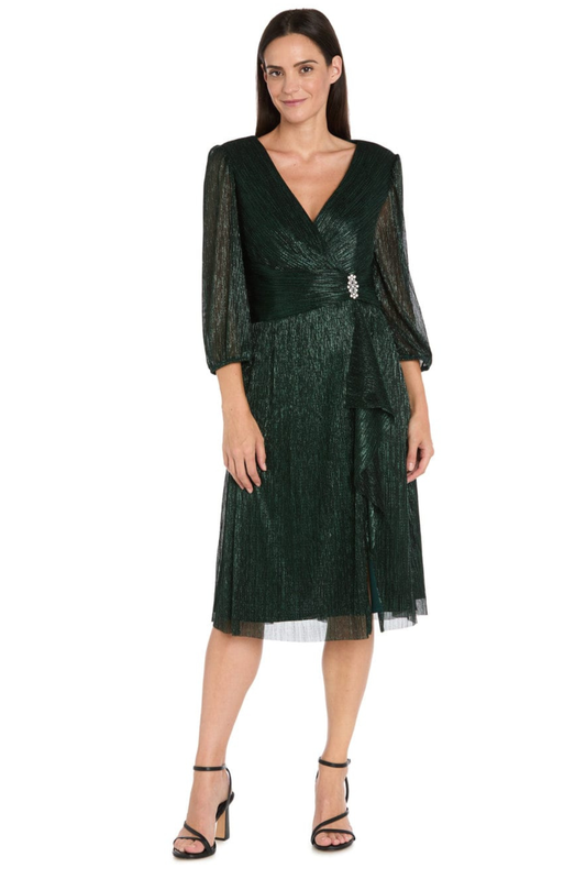 R&M Richards Metallic Shimmer Side-Ruffle Dress