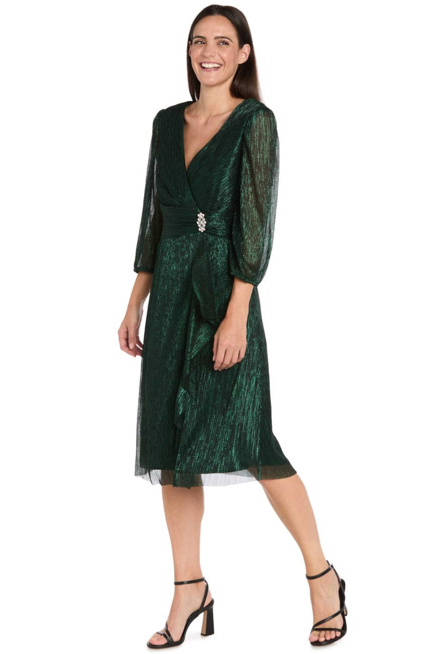 R&M Richards Metallic Shimmer Side-Ruffle Dress