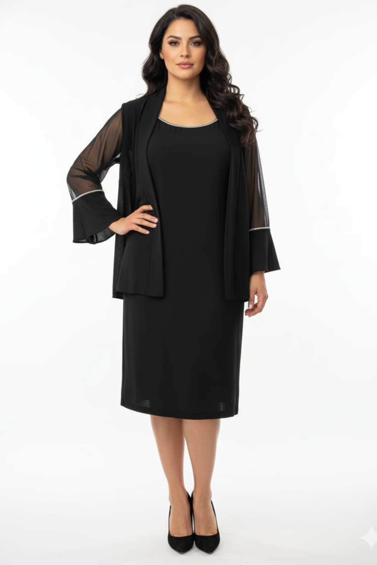 R&M Richards Rhinestone Trim Sheer Bell-Sleeve Jacket Dress