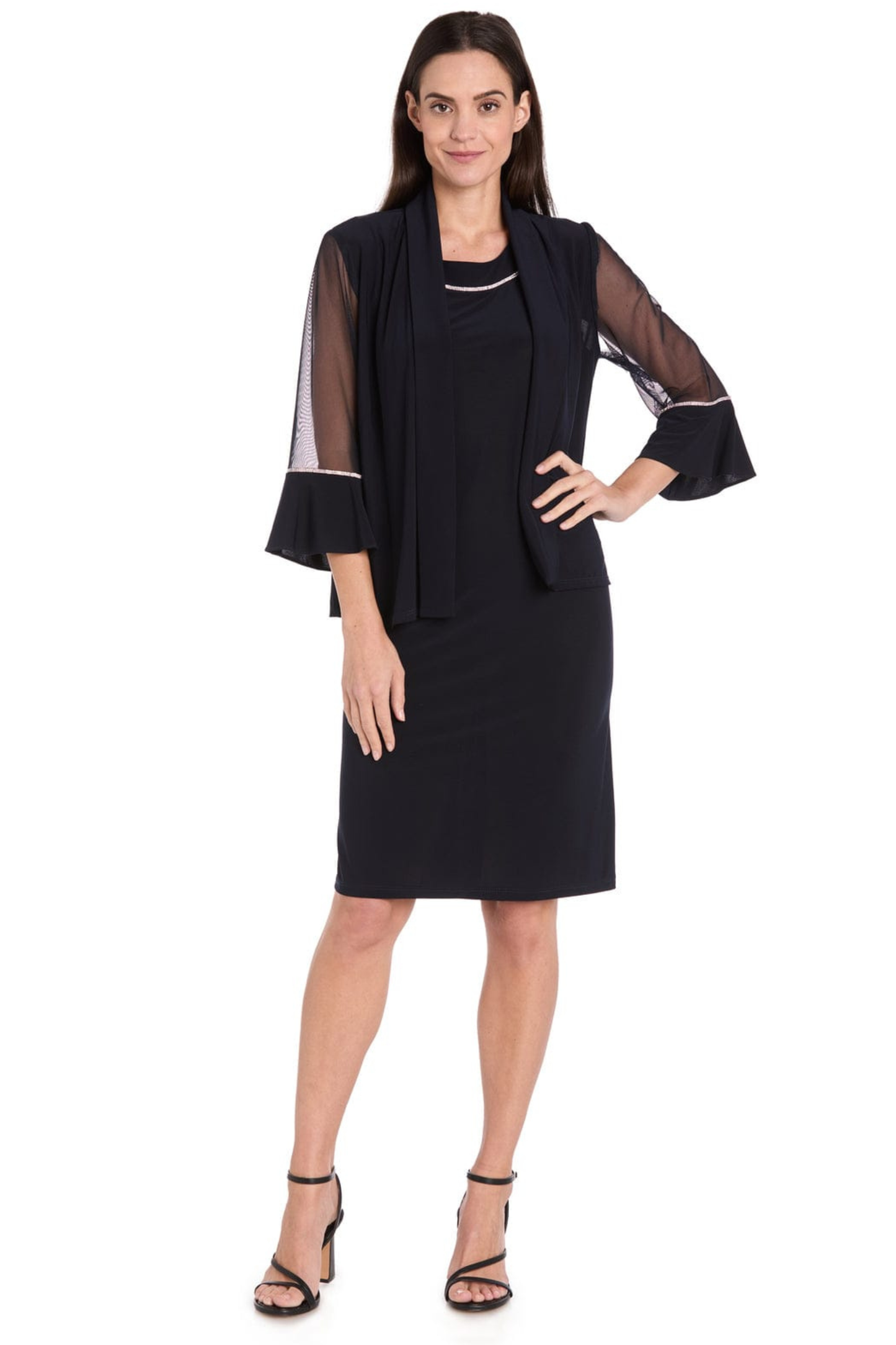 R&M Richards Rhinestone Trim Sheer Bell-Sleeve Jacket Dress