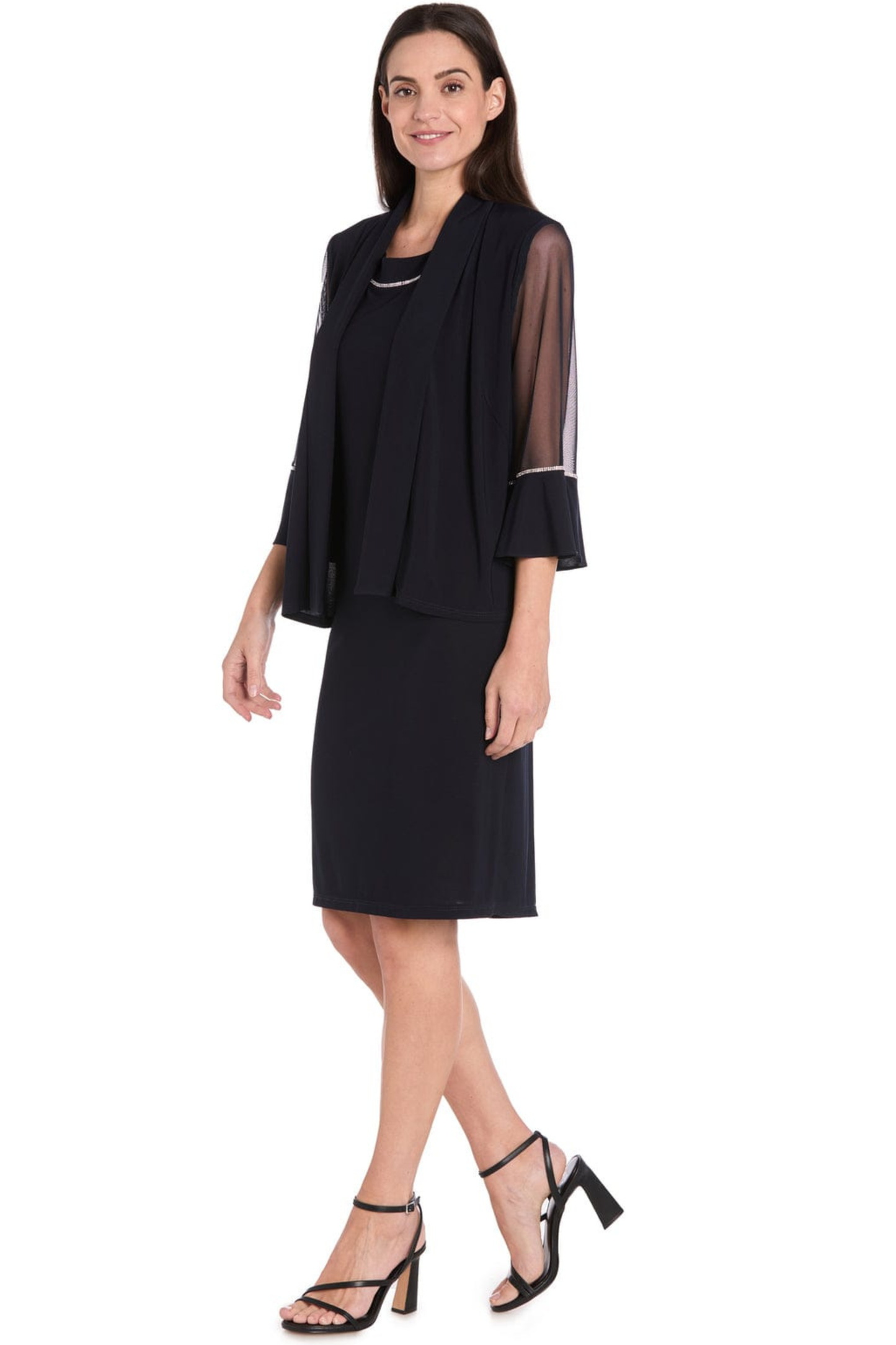 R&M Richards Rhinestone Trim Sheer Bell-Sleeve Jacket Dress