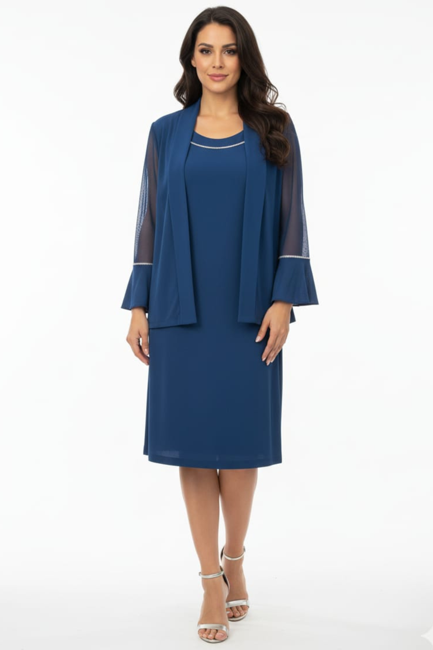 R&M Richards Rhinestone Trim Sheer Bell-Sleeve Jacket Dress