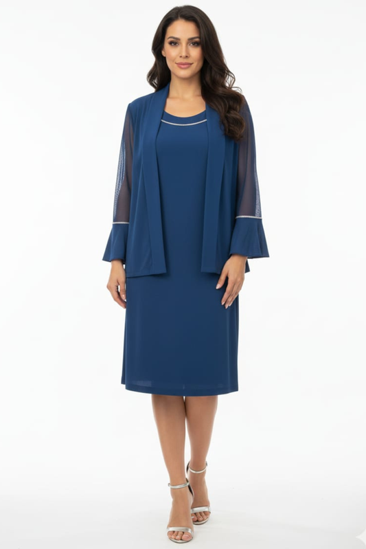 R&M Richards Rhinestone Trim Sheer Bell-Sleeve Jacket Dress