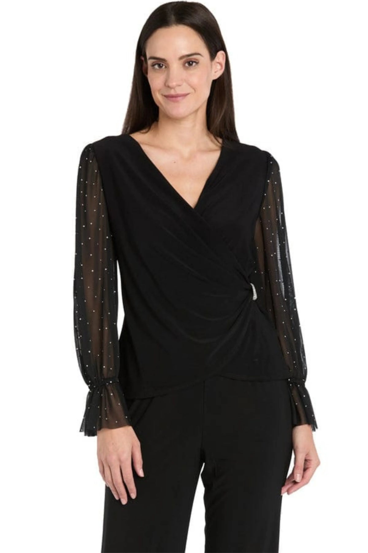 R&M Richards Faux-Wrap Rhinestone Buckle Top