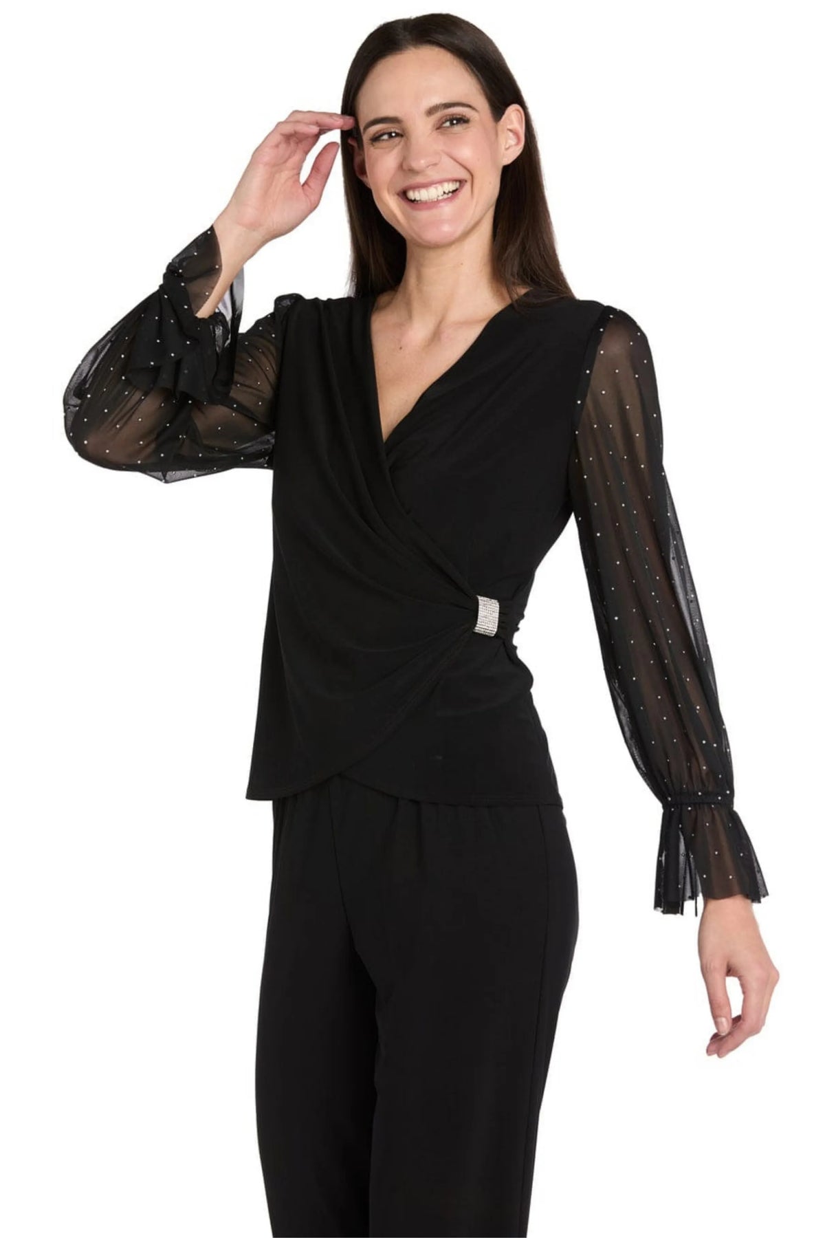R&M Richards Faux-Wrap Rhinestone Buckle Top