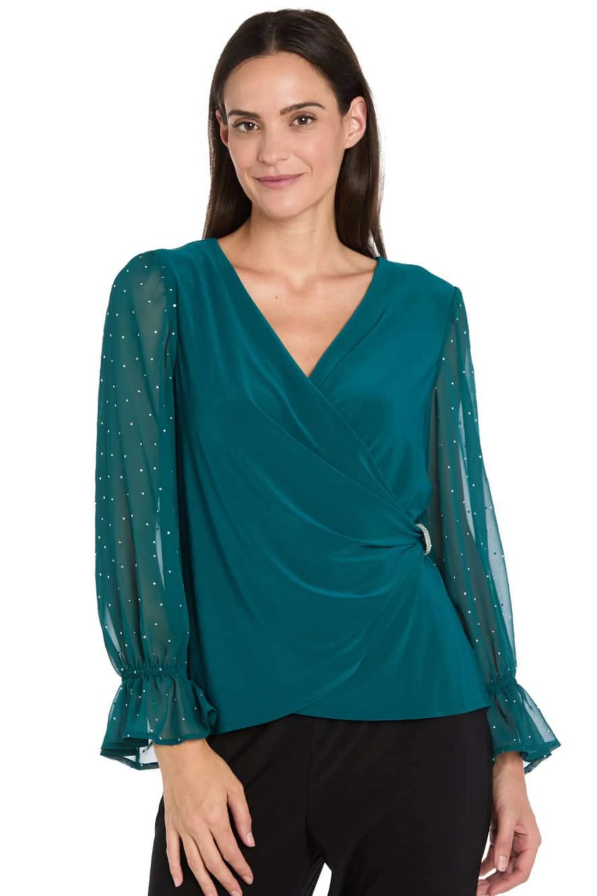 R&M Richards Faux-Wrap Rhinestone Buckle Top