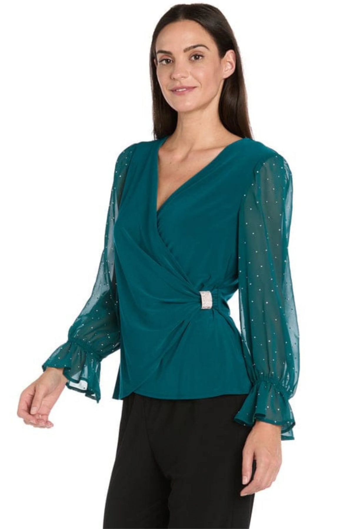 R&M Richards Faux-Wrap Rhinestone Buckle Top