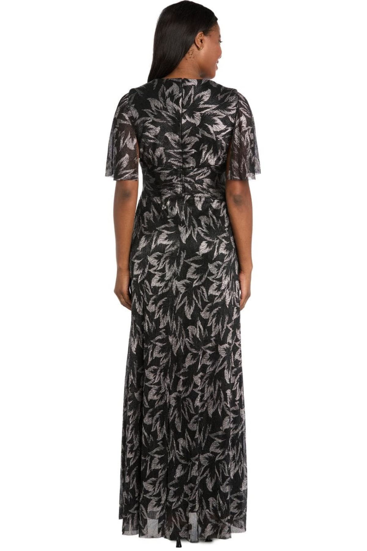 R&M Richards Black Gunmetal Metallic Leaf Flutter Sleeve Evening Dress