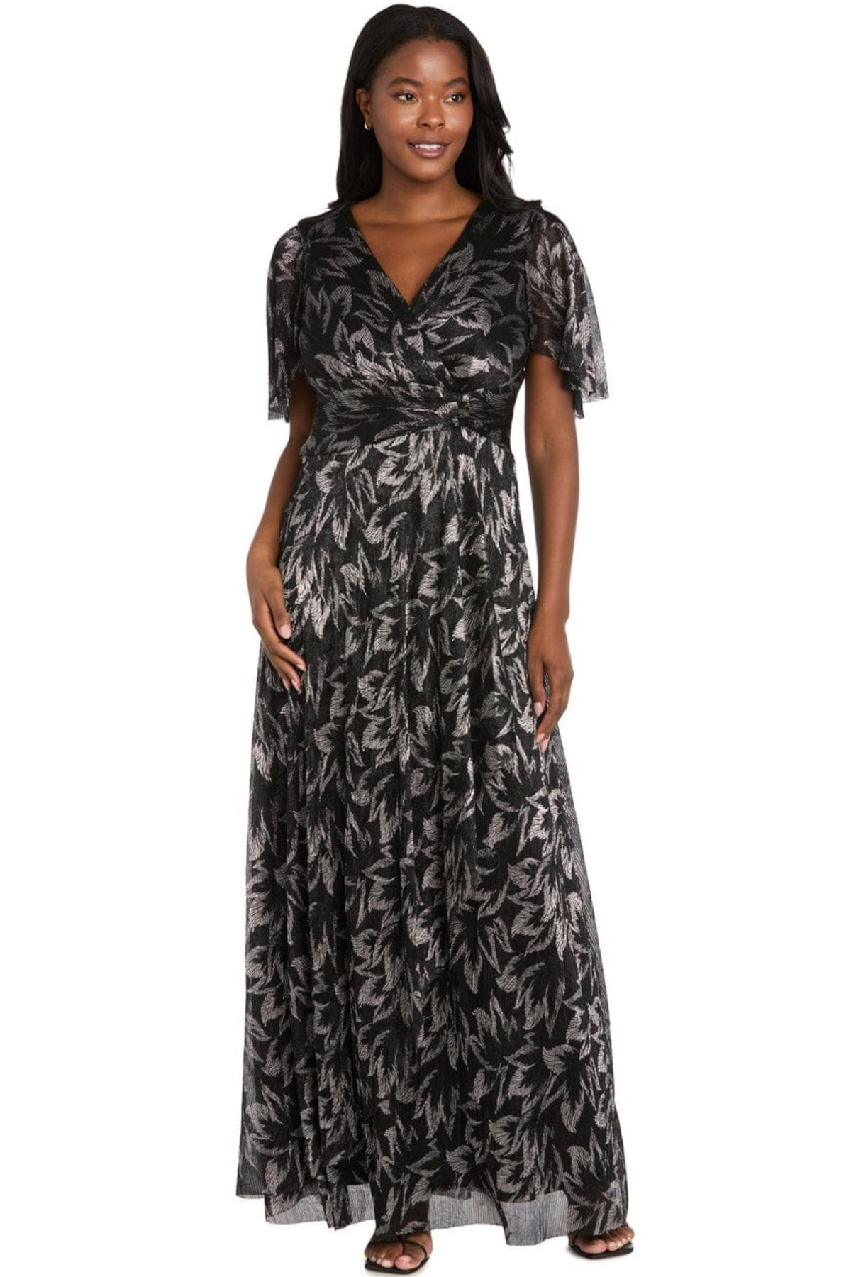 R&M Richards Black Gunmetal Metallic Leaf Flutter Sleeve Evening Dress