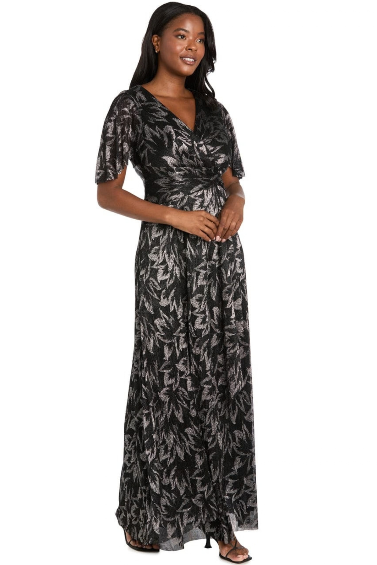 R&M Richards Black Gunmetal Metallic Leaf Flutter Sleeve Evening Dress