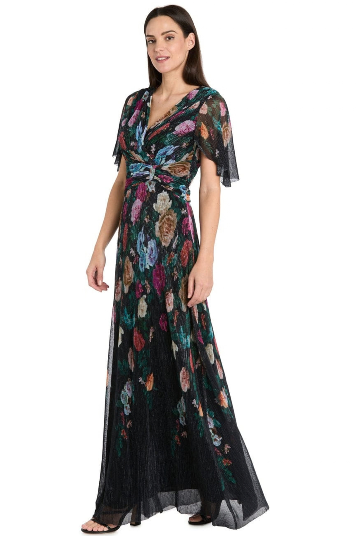 R&M Richards Black Multi Floral Metallic Plissé Flutter Sleeve Evening Dress