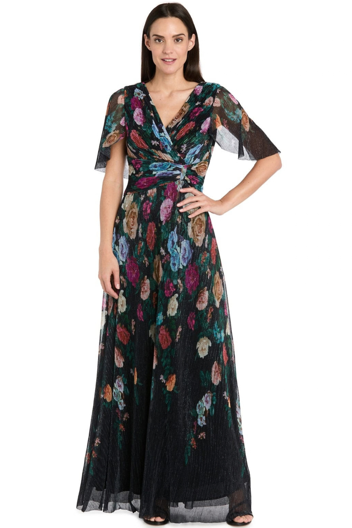 R&M Richards Black Multi Floral Metallic Plissé Flutter Sleeve Evening Dress