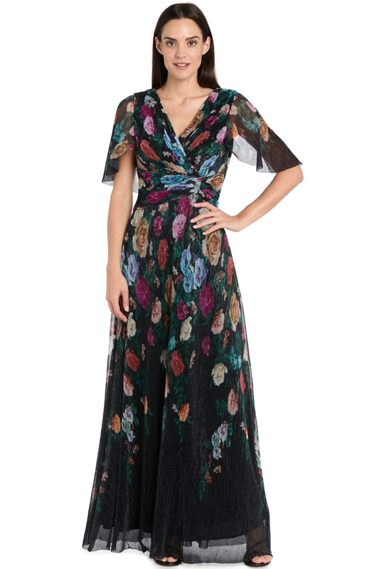 R&M Richards Black Multi Floral Metallic Plissé Flutter Sleeve Evening Dress