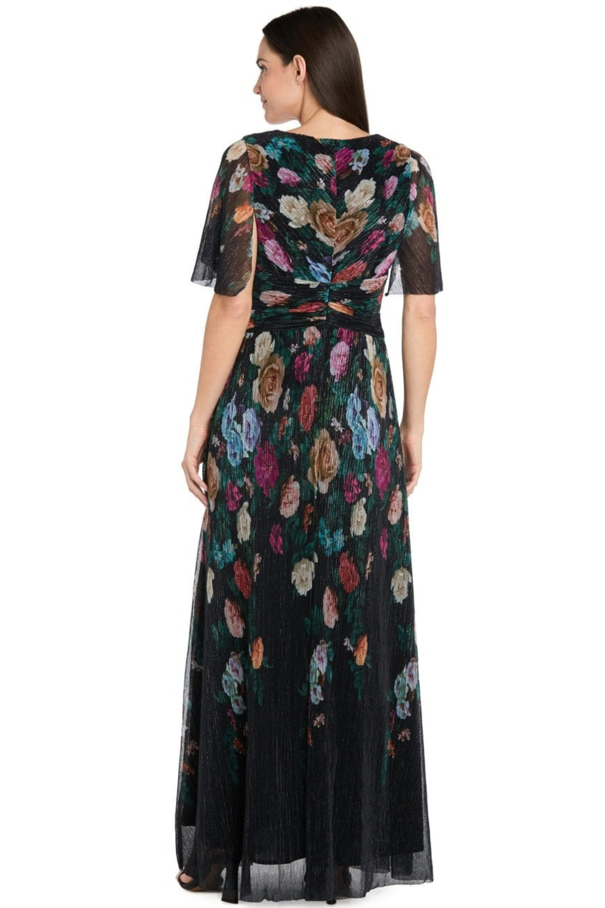 R&M Richards Black Multi Floral Metallic Plissé Flutter Sleeve Evening Dress