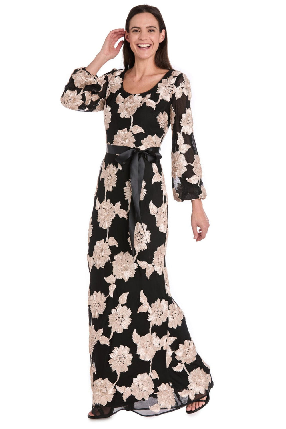 R&M Richards Black Champagne Floral Embroidered Satin-Sash Gown