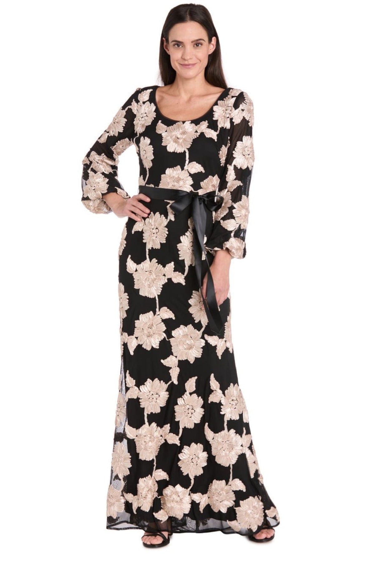 R&M Richards Black Champagne Floral Embroidered Satin-Sash Gown