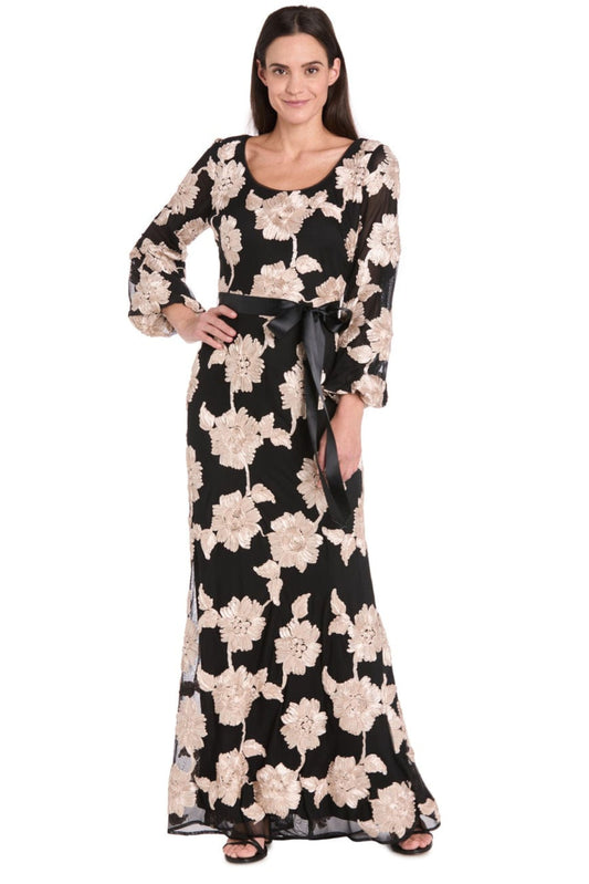 R&M Richards Black Champagne Floral Embroidered Satin-Sash Gown