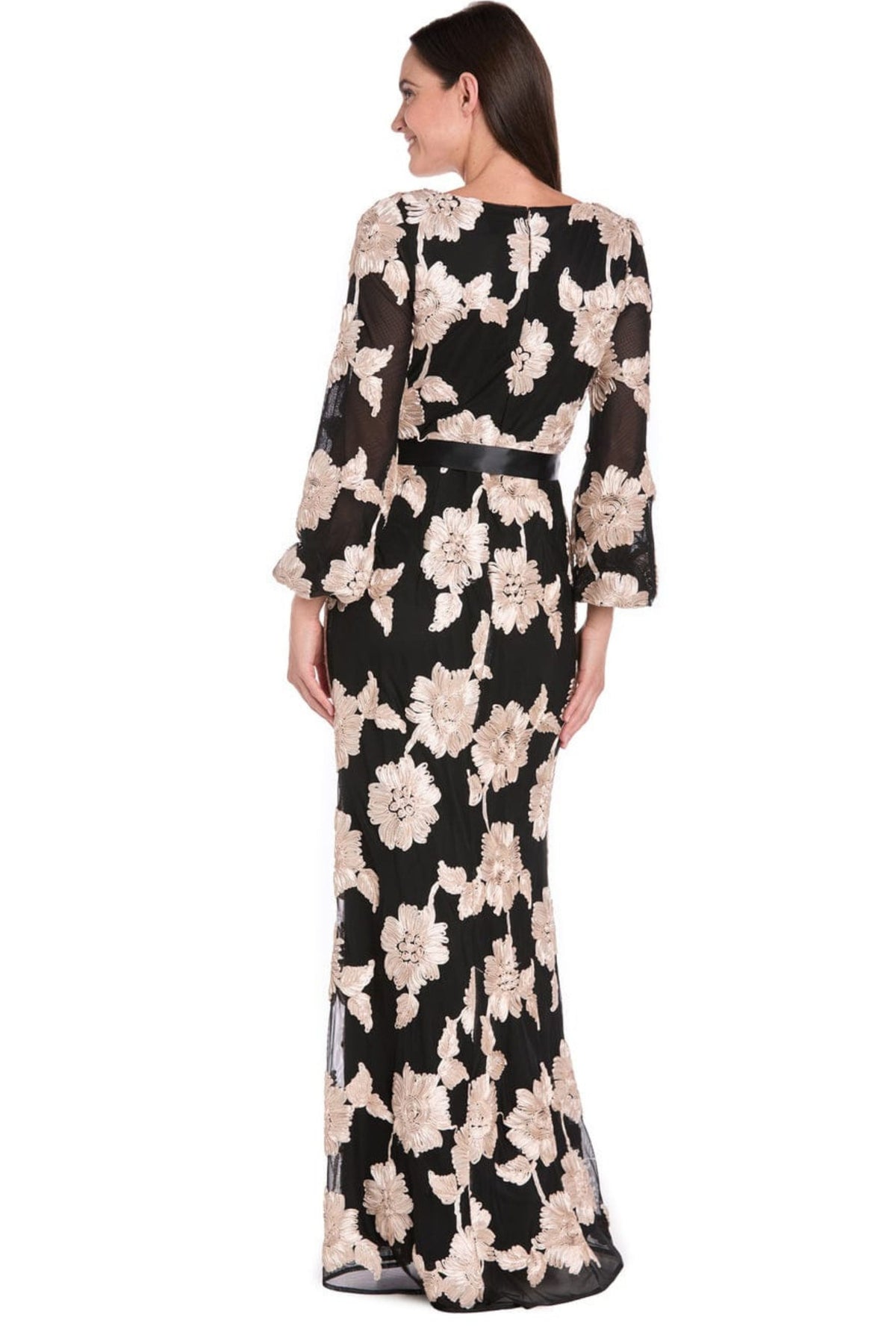 R&M Richards Black Champagne Floral Embroidered Satin-Sash Gown