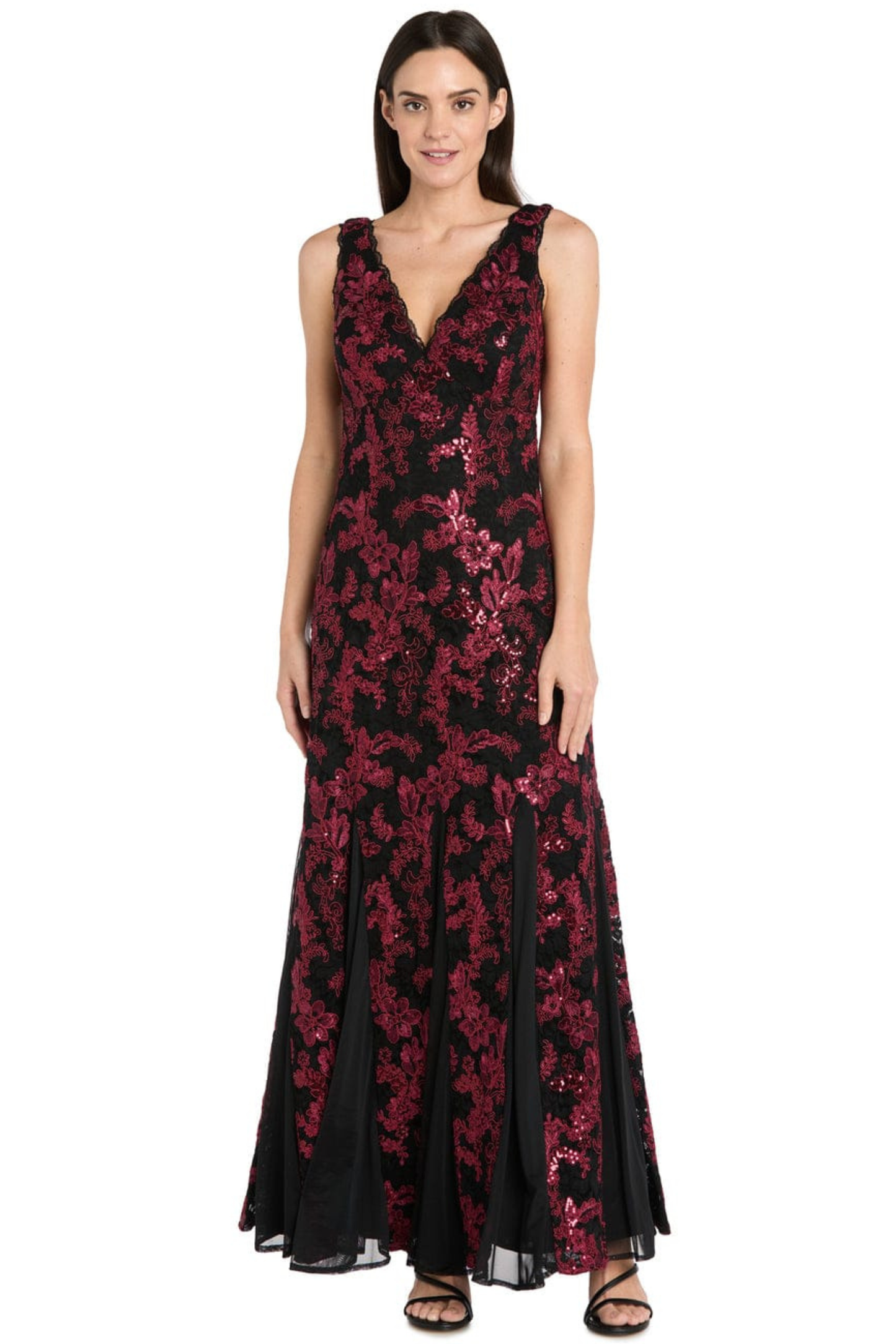 R&M Richards Sequined Lace Godet Evening Dress