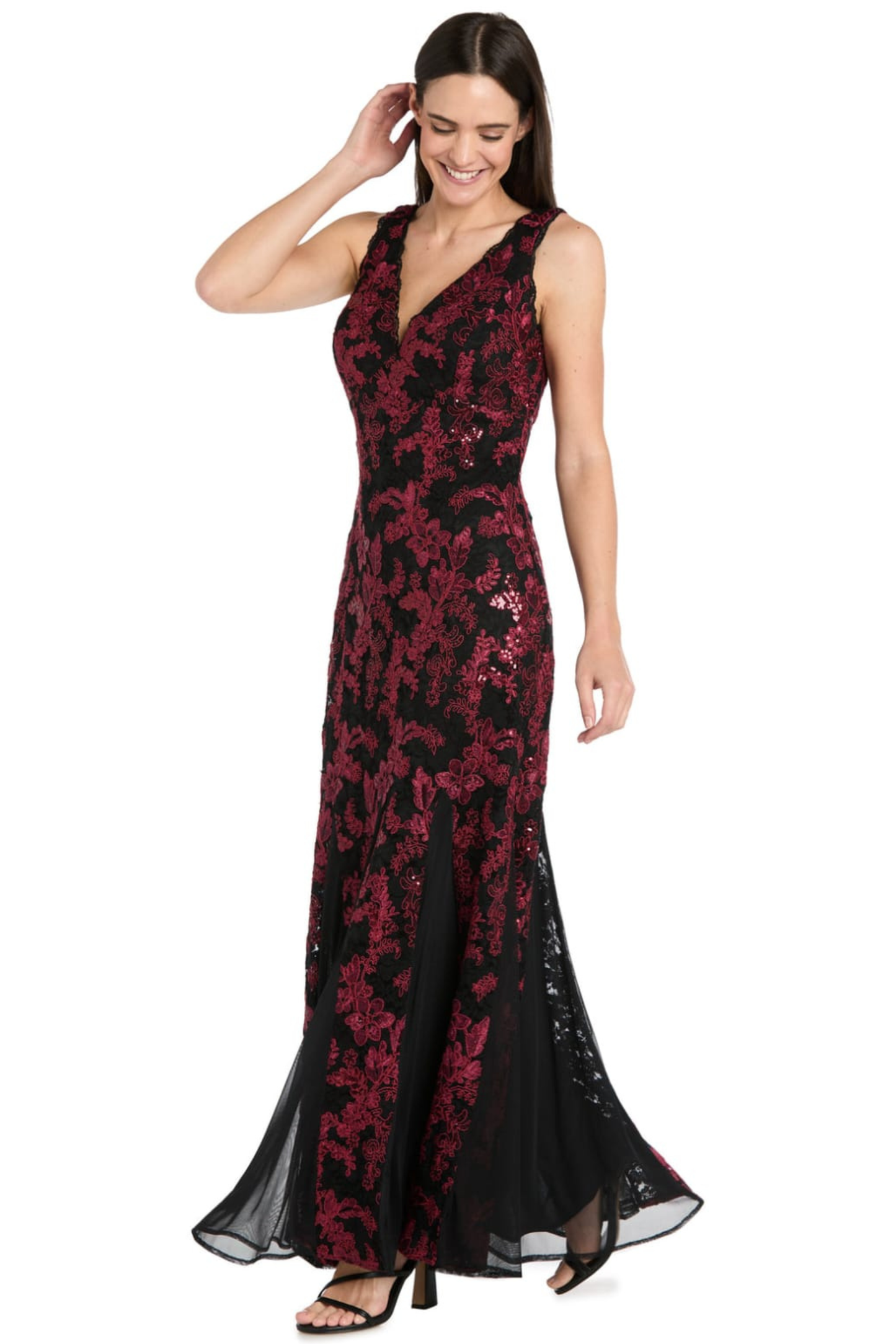R&M Richards Sequined Lace Godet Evening Dress