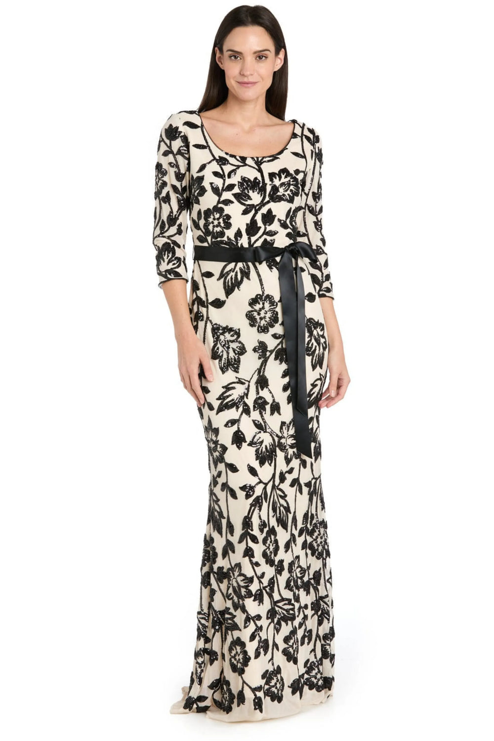 R&M Richards Champagne Black Sequined Floral Satin-Sash Gown