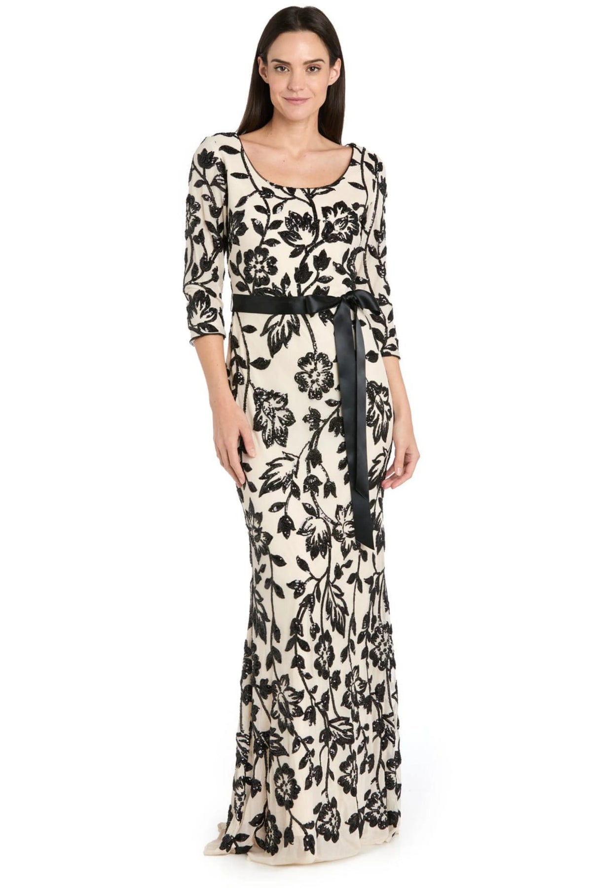 R&M Richards Champagne Black Sequined Floral Satin-Sash Gown